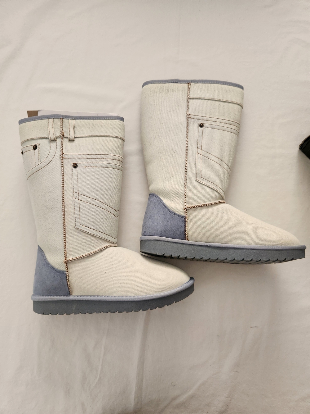 Fashion Nova Cream and Light Blue Mid-Calf Heeled Boots